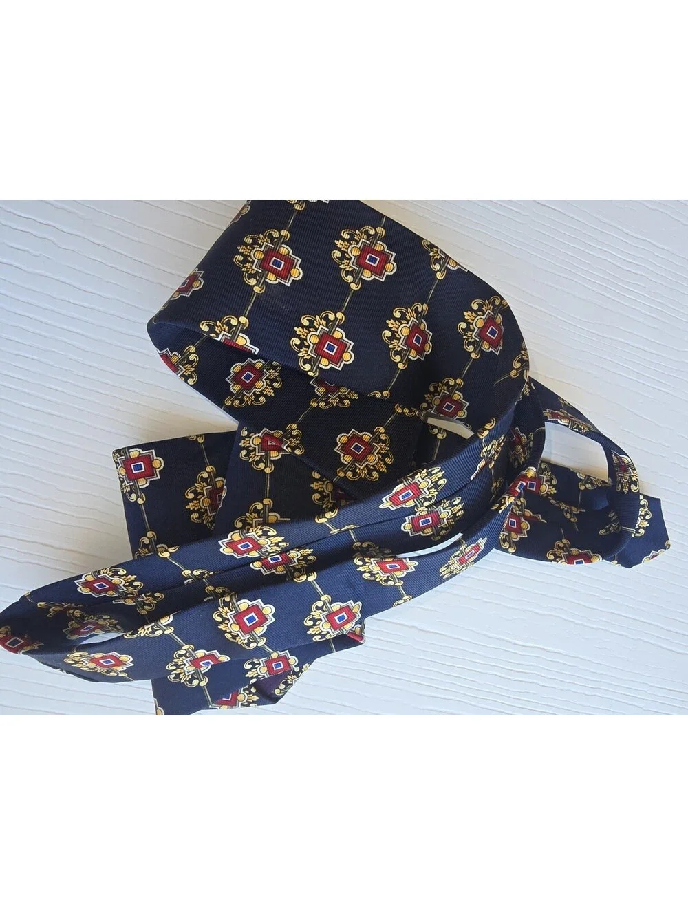 Vintage Italy Silk Necktie Navy Red Gold Geometric Medallion Wide Tie